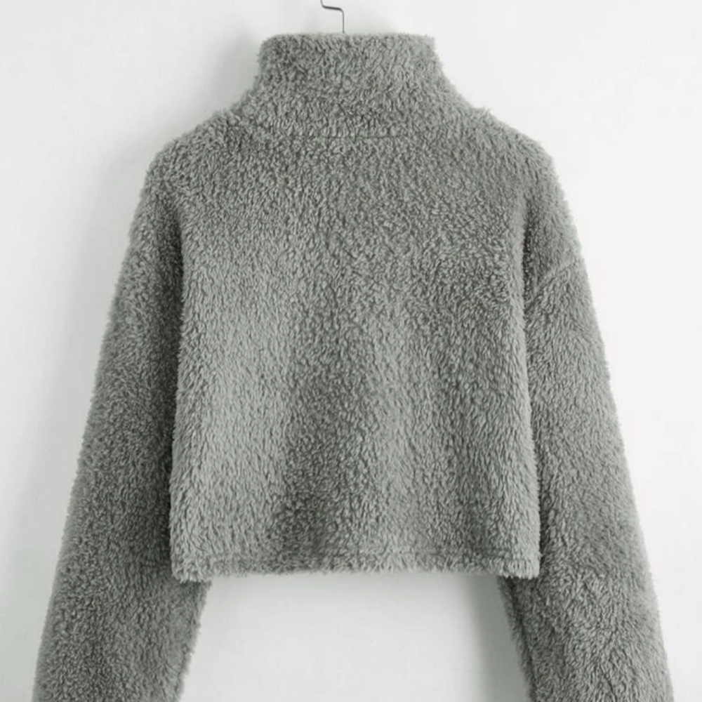 Mock Neck Crop Teddy Pullover - Picture 2 of 4
